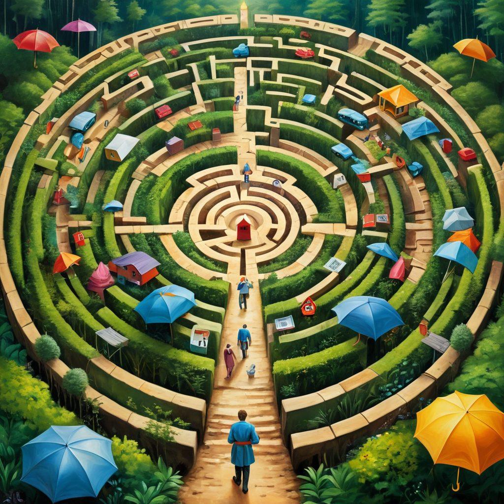 A surreal landscape resembling a labyrinth, with vibrant pathways symbolizing different insurance options. At the center, a wise figure guides a confused traveler with a map, showcasing various insurance icons like home, health, and auto in the foreground. The maze is intertwined with symbols of protection like shields and umbrellas, enhancing the theme of risk management. The color palette is bright and engaging, conveying a sense of hope and clarity. oil painting. vibrant colors.