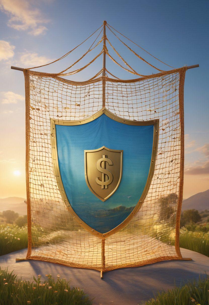 A protective safety net woven with various symbols of personal and financial security, such as a shield, dollar signs, and a home. The background features a serene landscape, symbolizing peace of mind, with a gradient sky transitioning from golden to soft blue. Include diverse people discussing and planning together, emphasizing community support. super-realistic. vibrant colors. 3D.
