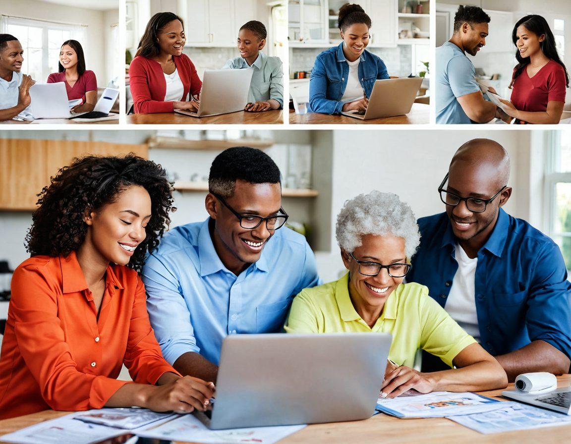 A collage of diverse people taking safety precautions: a family planning a budget, a senior couple reviewing insurance policies, and a young professional using a laptop with security icons in the background. Incorporate elements of personal safety like a fire alarm and a first aid kit. The scene radiates warmth and security, with soft, welcoming colors to evoke a sense of trust. super-realistic. vibrant colors.